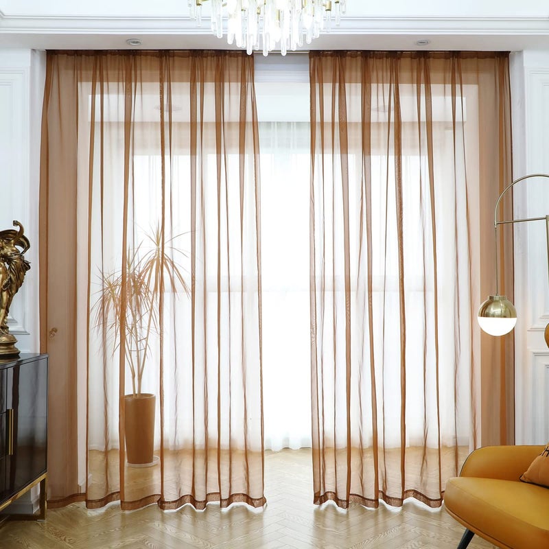 MIANBO Brown Sheer Curtains 95 Inches Length 2 Panels Set Window Sheer Curtains Basic Rod Pocket for Bedroom Children Living Room Yard Kitchen - Image 1